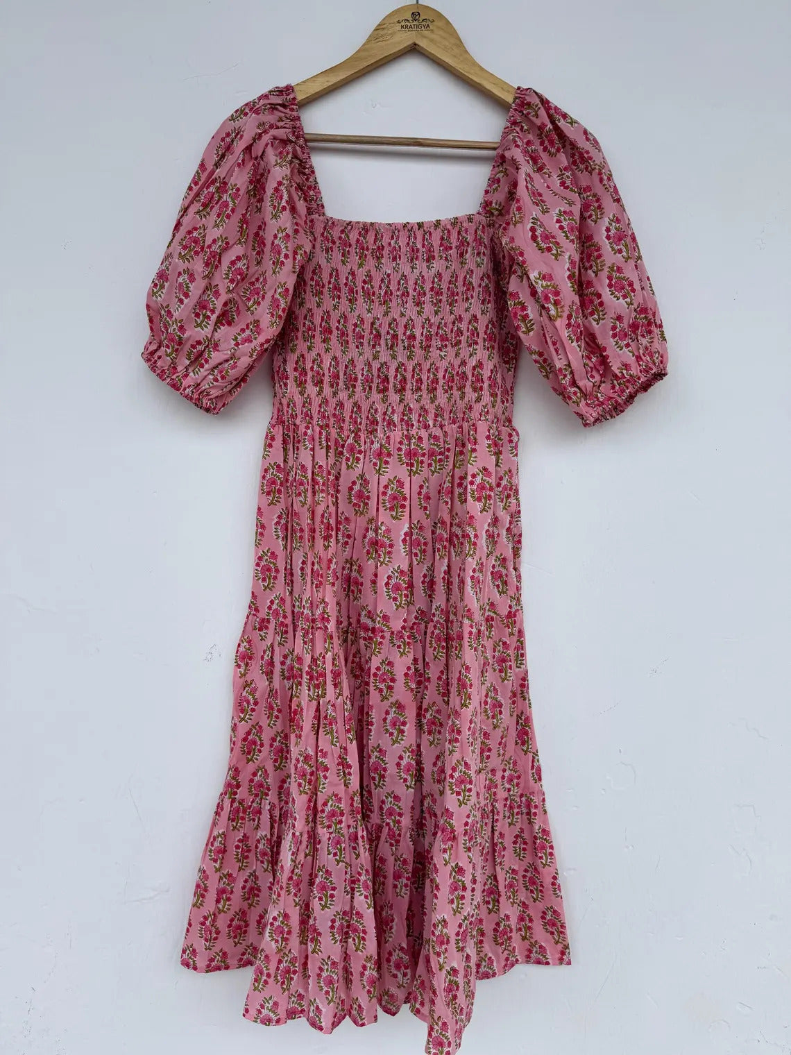 Pink Floral Cotton Boho Dress | Vintage Style Summer Wear | Ladies Picnic Vacation Outfit