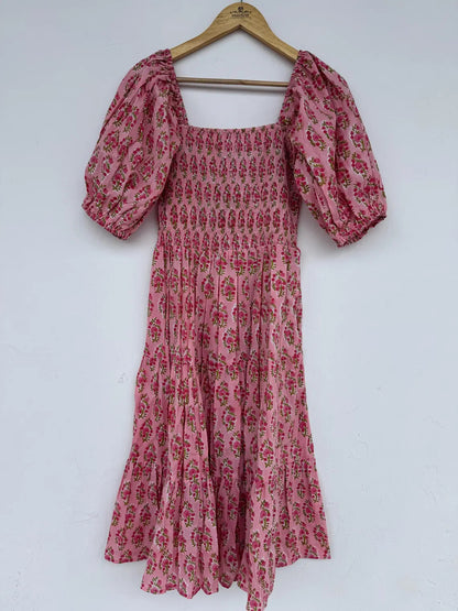 Pink Floral Cotton Boho Dress | Vintage Style Summer Wear | Ladies Picnic Vacation Outfit