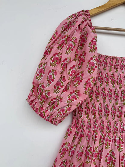 Pink Floral Cotton Boho Dress | Vintage Style Summer Wear | Ladies Picnic Vacation Outfit
