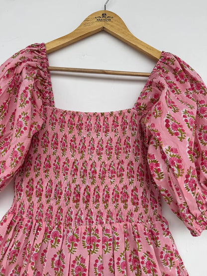 Pink Floral Cotton Boho Dress | Vintage Style Summer Wear | Ladies Picnic Vacation Outfit