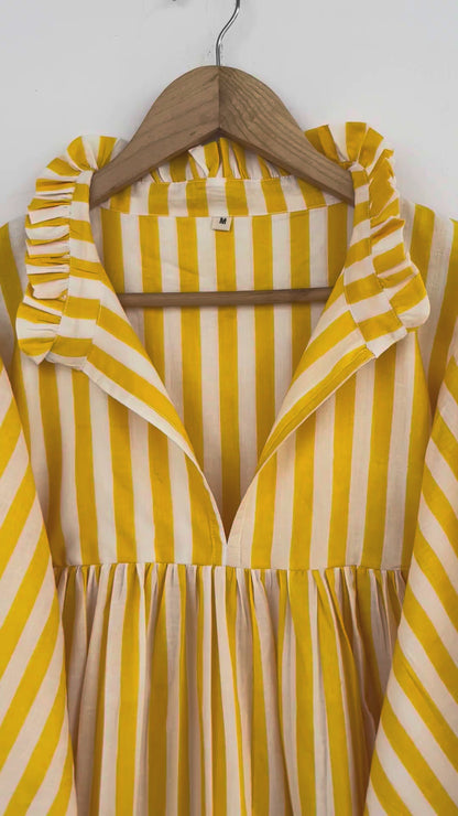 Yellow White Stripe Long Cotton Summer Maxi Dress | Ladies Casual Wear