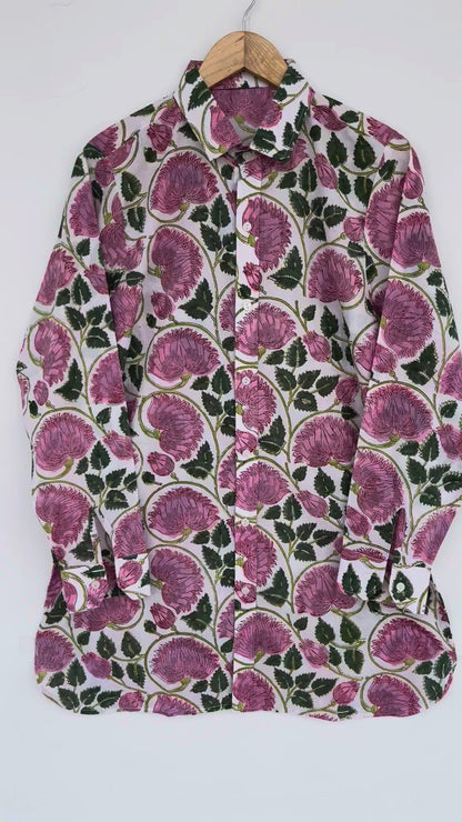 Pink Floral Hand Block Print Cotton Shirt Dress for Women