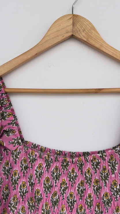 Pink Floral Square Neck Long Cotton Dress | Picnic Vacation Outfit