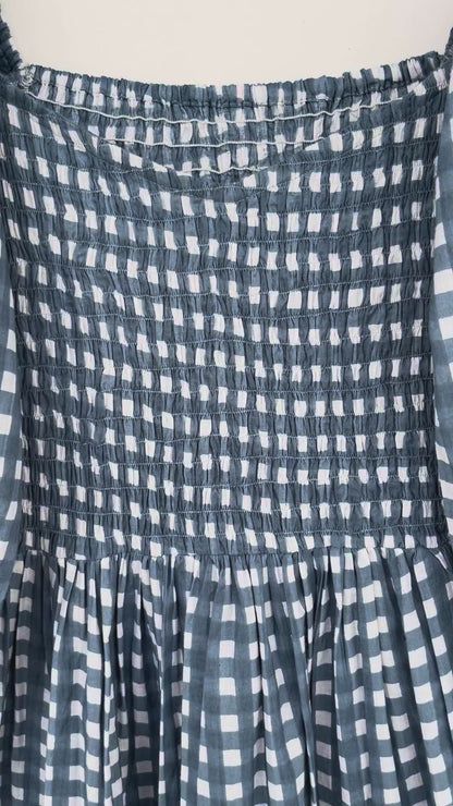 Checkered Blue Cotton Shirred Summer Dress | Women's Boho Casual Wear