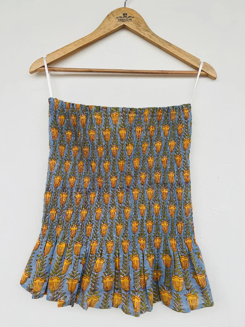 Strapless hand block printed cotton top