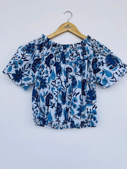 Cotton ruffle top | cotton floral printed blouse | off-shoulder tops | block printed blouse