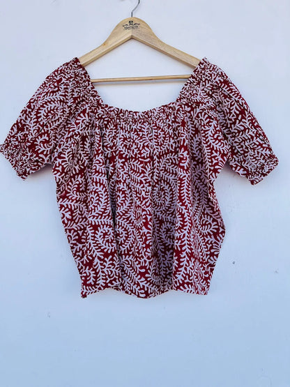 Red Hand block printed top | women's off-shoulder top | ruffle top | floral printed top