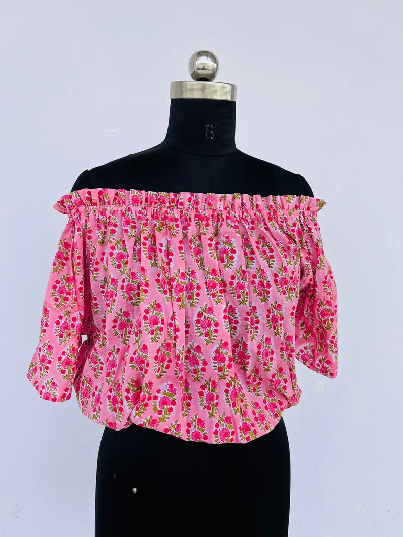 Cotton ruffle top | cotton floral printed blouse | off-shoulder tops | block printed blouse