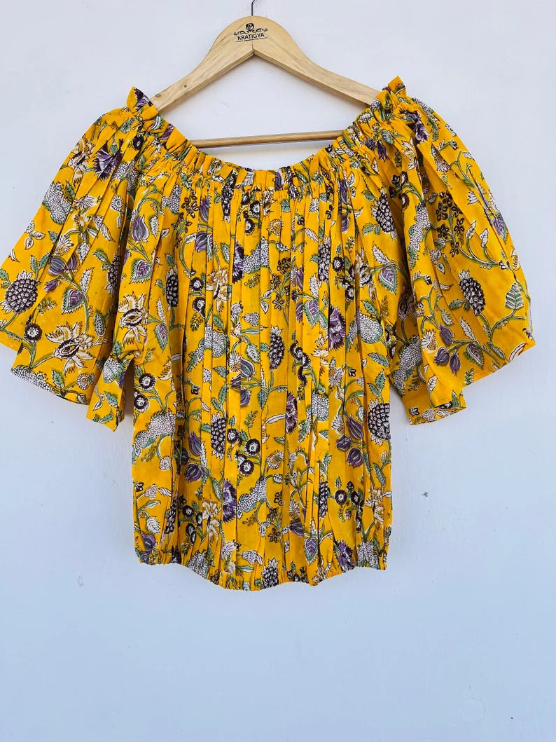 Women's Floral Block Print Ruffle blouse - ruffle neck off-shoulder blouse, block print blouse